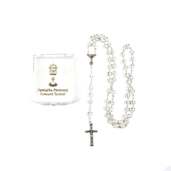 Pamiątka I Komunii Świętej Różaniec perłowy w białym pudełeczku